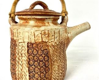 Earth-Tone Handmade Clay Teapot with Stamped Geometric Designs/Bamboo Handle by "Nerem"
