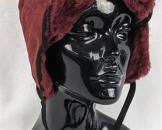 Vintage SUSAN BRADFORD Rust and Black Sheepskin Ear Flap Brimmed Hat
