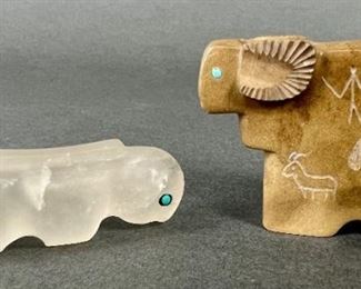Two Carved Stone Zuni Fetishes - Ram with Petroglyphs by Ulysses Mahkee and Crystal Mountain Lion
