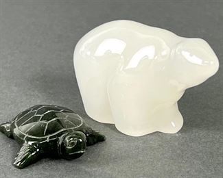 Hadeland of Norway Opaline Glass Bear and Carved Stone Turtle

