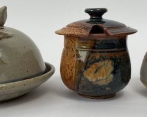 3 Vintage Studio Pottery Covered Dishes- French Butter Keeper, Sugar Bowl and Covered Dish
