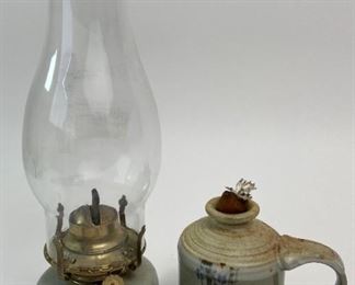 Two Vintage Ceramic Oil Lamps - One with Clear Glass 9" Chimney
