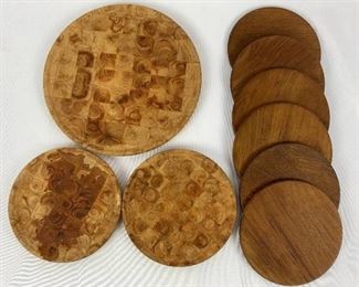 Handsome Vintage Wood Trivets (6) and Wood Plates (3)
