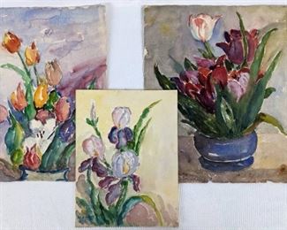 M.A. Higgy: 3 Signed Loose Floral Original Watercolors
