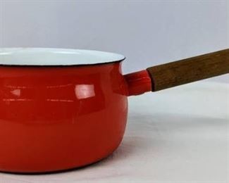 Vintage Enamelware Red Sauce Pan With Wood Handle
