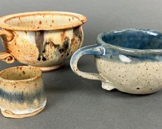 Two Unique Studio Pottery Mugs and Toothpick Holder- One Signed by the Artist
