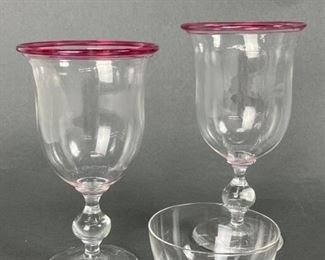 Two Rose Rimmed Glass Goblets & Tiny Glass Bowl
