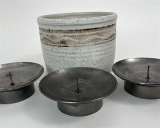 Beautiful Hand Made Pottery Planter & Three Metal Candle Holders
