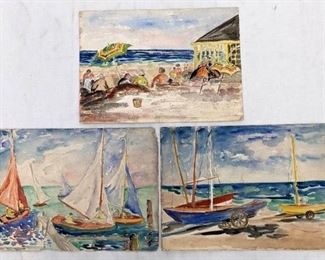 Antique Mary Alice (M.A.) Higgy: 3 Original 1916 Watercolors - Beach Bathers and Sailboats
