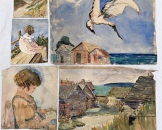 Antique Mary Alice (M.A.) Higgy: Five Vintage Original Beachy Watercolors, One Signed
