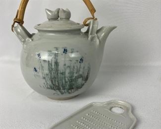 Porcelain Teapot with Love Birds and Petite Porcelain Grater- Signed
