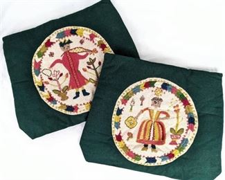 Two Vintage Folk Art Tapestry Chair Cushions - Colorful Crewel Embroidery
