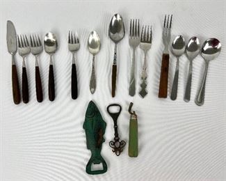 Assorted Vintage Wood Handled Flatware and Bottle Openers
