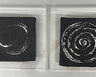 Two Hand-Woven Art Pieces by Textile Artist Jean Smelker-Hügi, Mounted on Lucite Frames
