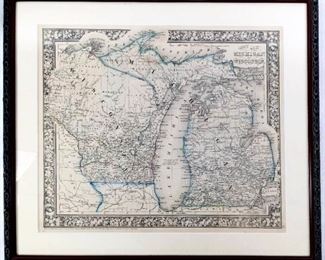 1863 Framed Map of Michigan and Wisconsin - Hand Colored Engraving Print
