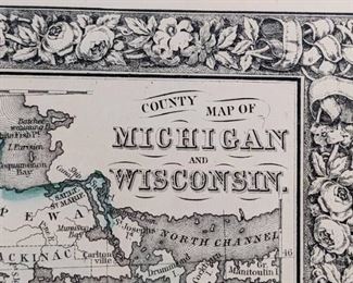 1863 Framed Map of Michigan and Wisconsin - Hand Colored Engraving Print
