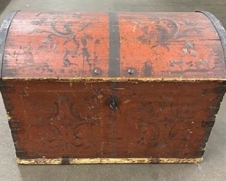 Antique Domed Wood Trunk Scandinavian Design with Nordic Painting Inside and Out & Surprise Hidden Compartment
