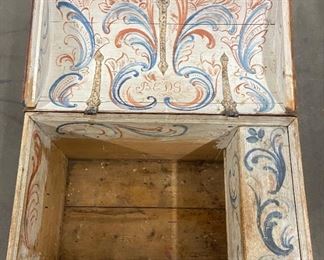 Antique Domed Wood Trunk Scandinavian Design with Nordic Painting Inside and Out & Surprise Hidden Compartment
