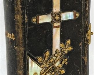 1889 Small German Gebetbuch / Catholic Devotional Book by Nottbeck - Leather with Mother-of-Pearl and Brass Inlay
