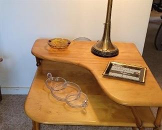 Haywood Wakefield, Mid Century, Rattan Sofa, matching corner table, coffee table, magazine rack, vintage lamps