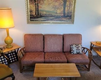 Haywood Wakefield, Mid Century, Rattan Sofa, matching corner table, coffee table, magazine rack, vintage lamps