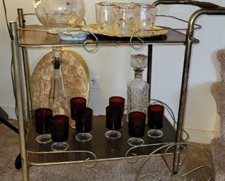 Bar cart, Lemonade pitcher w/ matching cups, decanters