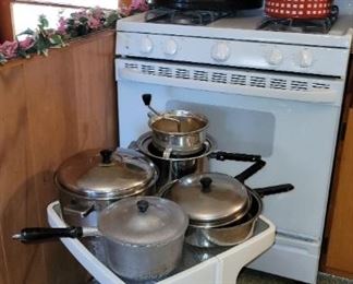 Vintage, rolling plastic table, pot and pans
