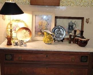 Antique, marble top, dresser Wildwood Brass Lamp