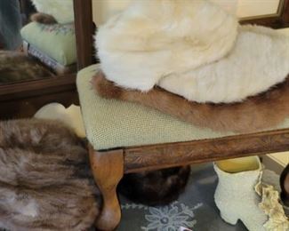 Foot stool, fur hats