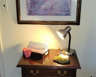 Hibel Print, Stickley night stands, matching pair,