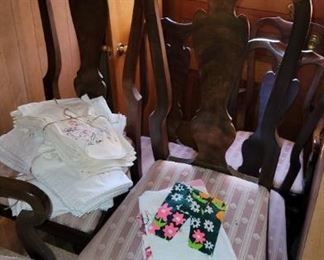 Drexel, dining room chairs, six chairs, 2 arm chairs & 4 side chairs. Vintage kitchen linens