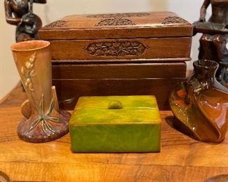 Antique carved Persian box, humidor, & Bakelite box