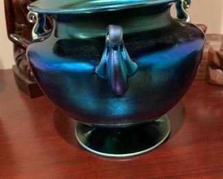 Steuben blue aurene 3 handle vase