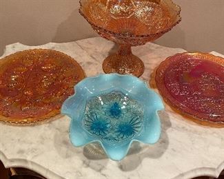 Marigold carnival glass & blue opalescent bowl