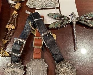 14K pocket watch, 925 watch fobs, dragon fly brooch, Art Deco bar pin/dress clips