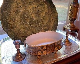 Silverplate waiter tray, Italian leaf pattern platter, Nippon bowl, 925 candleholders