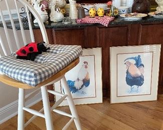 Bar stool & signed rooster prints