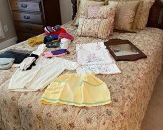 Queen Bed & vintage linens, gloves