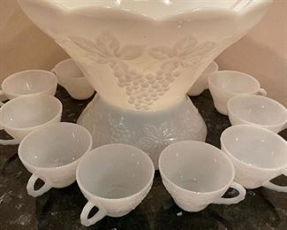Milk glass punch bowl, base, 12 cups & ladle by Anchor Hocking