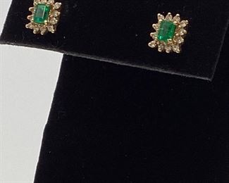 14k Gold/Emerald Cut Emerald & Diamond Earrings