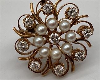 14k Gold, Diamonds and Pearls Brooch