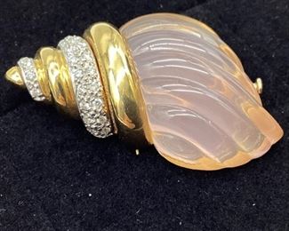 18k Gold Glass Conch Shell Diamond Accent Brooch