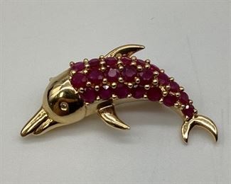 14k Gold & Ruby Dolphin Brooch