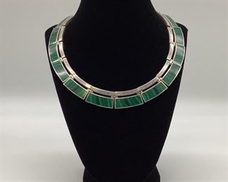 .950 Sterling Silver Inlaid Malachite Hinged-Panel Collar Necklace