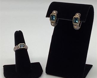 John Hardy Sterling Silver &18k Blue Topaz Ring & Earrings
