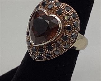 14k Gold Heart Garnet w/Black Diamonds Cocktail Ring