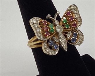 18k Gold, Ruby, Emerald, & Diamond Butterfly Ring