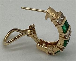 14k Gold, Emerald, & Diamond Half Hoop Earrings