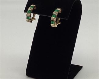 14k Gold, Emerald, & Diamond Half Hoop Earrings