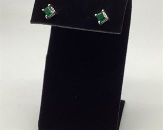 14k Gold Princess Cut Emerald Post Earrings